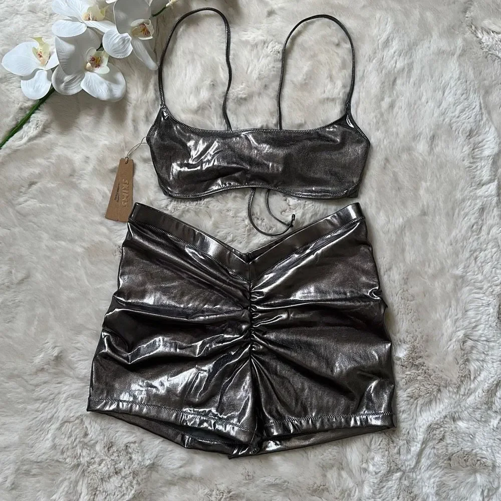 SKIMS Metallic Swim 2PC Set V-Waist Short & Micro Scoop Bikini Top Carbon Size M